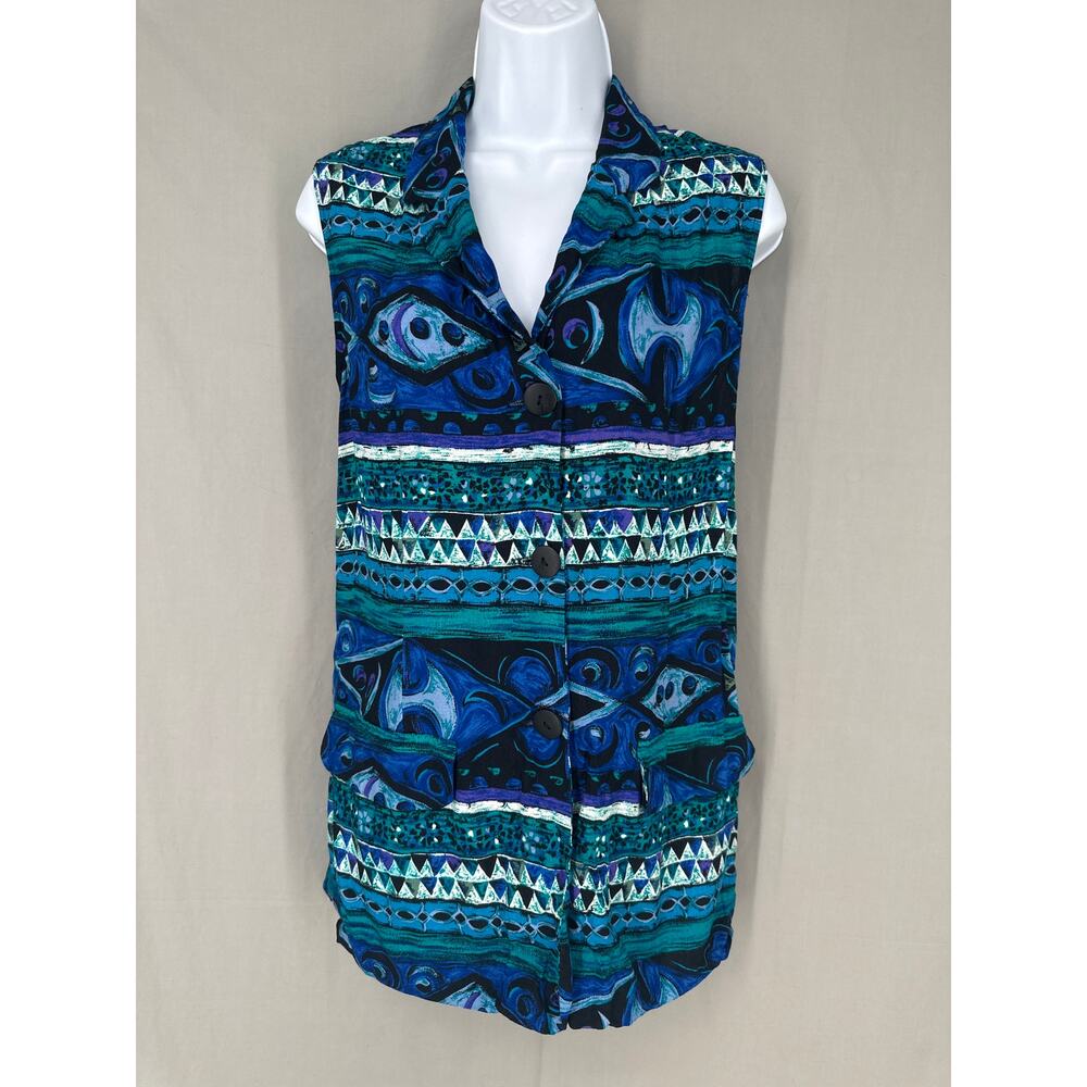 90s Vintage Top Womens Large Blue Western Vest Button Black Boho Rayon USA